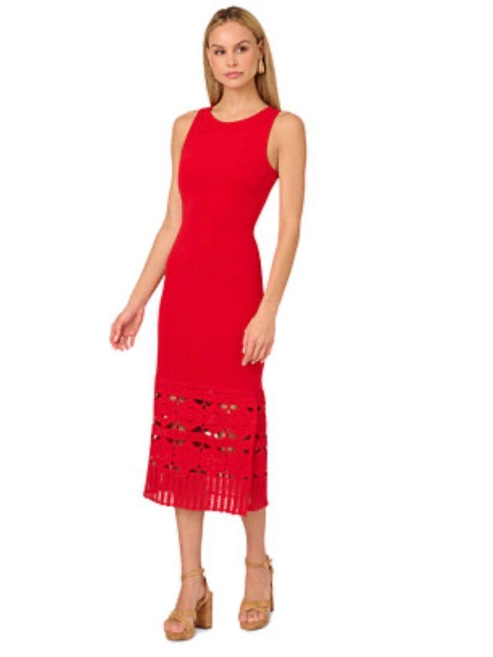 Adrianna Papell Women’s Red Knit Crochet Midi Dress Size 8